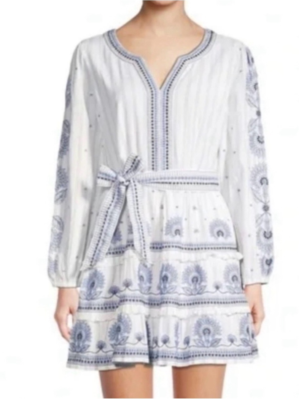 Roller Rabbit White Mini Dress with Blue Embroidered Trim and Tie Waist